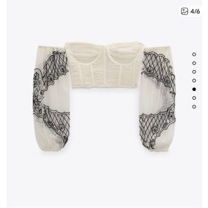 Zara S Off-Shoulder Sheer Puff Sleeve Crop Top in Cream with Black Embroidery